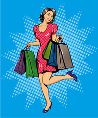 Woman with bags shopping. Vector illustration in comics pop art style. Special sale offers advertising poster