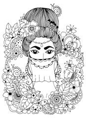 Vector illustration zentangl, Oriental Princess in flowers. Doodle drawing. Coloring book anti stress for adults. Black white.
