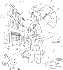 Outlined illustration of a little girl with her dog outside. Rai