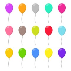 Colorful Balloons set in flat style carnival happy surprise helium string. Air balloon isolated on white background. Balloons set different colors group for birthday party anniversary celebration.