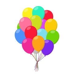 Air balloons group in flat style carnival happy surprise helium string. Bunch colorful balloons isolated on white background. Balloons set group for birthday party anniversary celebration.