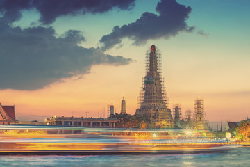 Wat Arun and light from the boat - Bangkok, Thailand. Vintage filter