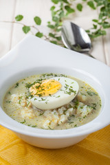 Sorrel soup with egg in white bowl.