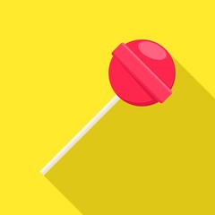 Lollipop sweet food in flat style on yellow background with shadow. Red lollipop sugar candy dessert vector.