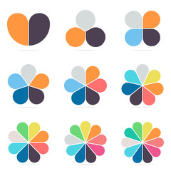 Elements for infographics. Pie charts, diagrams with 2- 10 petals.