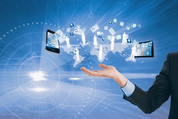 Composite image of businessman with empty hand open