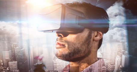 Composite image of aerial view of a city on a cloudy day 