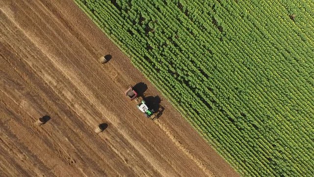 Aerial view of an agricultural machine straw baler working in a field