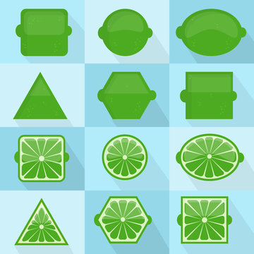 Lime in different geometric shapes. It can be used as icons. Interior and exterior of the fruit. With long shadows.