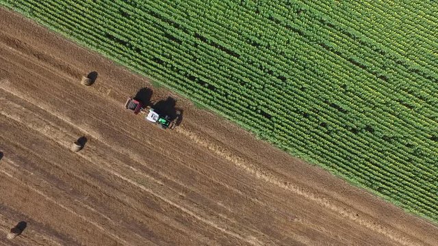 Aerial footage of a tractor straw baler working in an agricultural field.