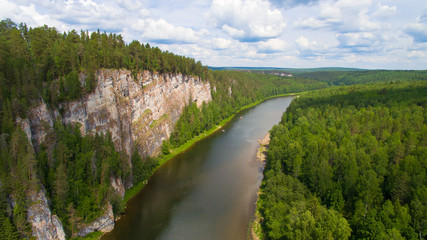 Ural forest, rock and river aerial view