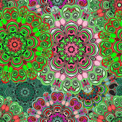 Seamless pattern in oriental style, colorful wrapping-paper with mandalas design. Floral cover or ethnic style textile.