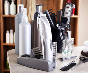 Professional hairdresser tools on table