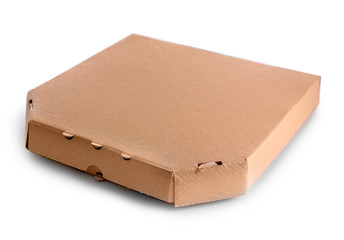 Cardboard pizza box isolated on white background, close up