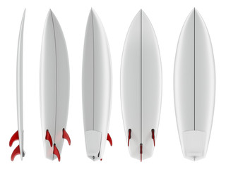 3d Illustration of blank short surfboard with red fins isolated on white background