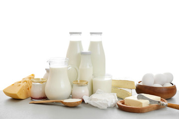 Dairy products on kitchen table