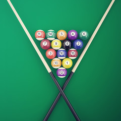 Billiard elements on a green table. 3d illustration
