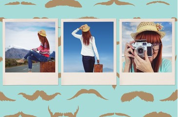 Composite image of hipster woman sitting on her suitcase