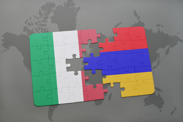 puzzle with the national flag of italy and armenia on a world map background.