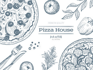 Pizza design template. Vector illustration drawn in ink. Vintage design for pizzeria - obrazy, fototapety, plakaty