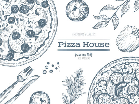 Pizza design template. Vector illustration drawn in ink. Vintage design for pizzeria