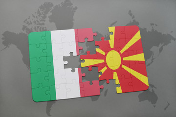 puzzle with the national flag of italy and macedonia on a world map background.