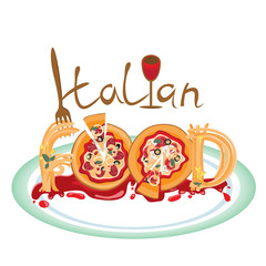 Image of Italian food as pizza and spaghetti.