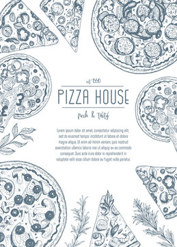 Vintage pizza frame vector illustration. Hand drawn with ink. Pizza design template.