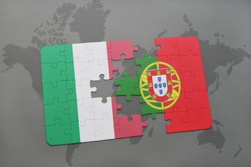 puzzle with the national flag of italy and portugal on a world map background.