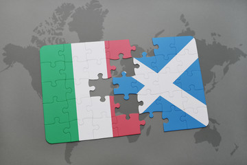 puzzle with the national flag of italy and scotland on a world map background.