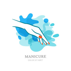 Female hand on water splash background. Vector logo, label, emblem design elements. Concept for beauty salon, manicure, cosmetic, organic care and spa. Womens hand silhouette, isolated.