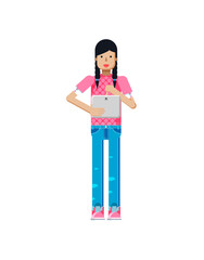 illustration isolated of European girl in pink blouse, blue jeans and laptop