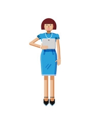 illustration isolated of European middle-aged woman, brown hair, blue dress, touche screen, with laptop