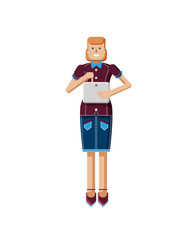 illustration isolated of European woman with orange hair in denim skirt touches the screen and laptop