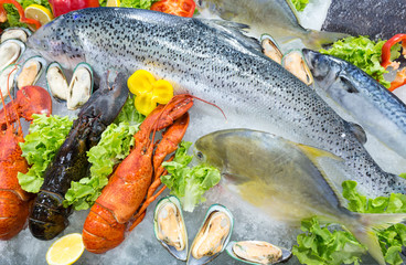 Fresh seafood displayed on crushed ice