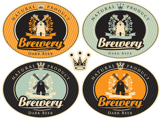set of labels for beer and the brewery with a mill