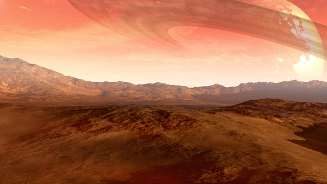 A Mars-like red planet with an arid landscape, rocky hills and mountains, and a giant moon at the horizon with Saturn-like rings, for space exploration and science fiction backgrounds.
