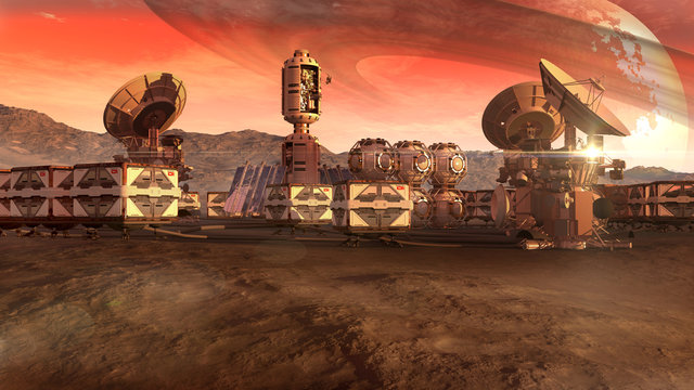 A colony on a Mars-like red planet, with crate pods, satellite dishes and a moon on a dusty sky, for planetary and space exploration backgrounds.