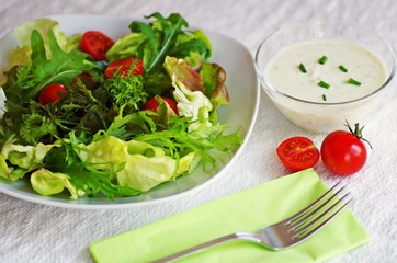 Homemade taste organic mixed vegetables salad in white plate and yogurt sour cream salad dressing in a glass bowl on served table.