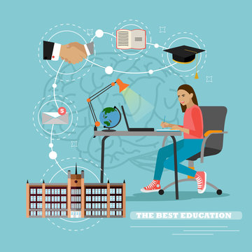 Online education concept. Vector illustration in flat style. Female student studying on internet and learning writing notes in a desk at home
