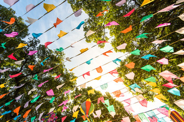 Bunting colorful flags under trees