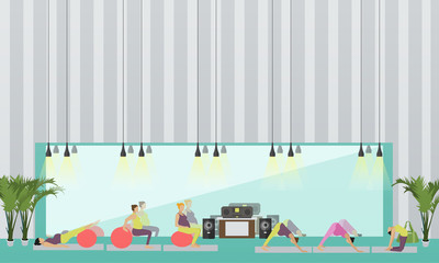 Pregnant women are doing exercise and yoga in fitness center. Gym interior vector illustration.