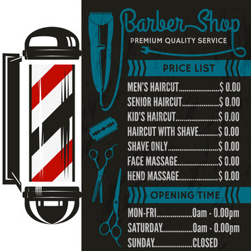 Barber Shop vector price list template. Haircut and shave retro barber sign on dark background. 