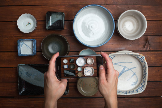 taking photo of japanese plates with smartphone