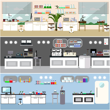 Laboratory vector illustration. Science lab interior. Biology, Physics and Chemistry education concept. Scientific equipment