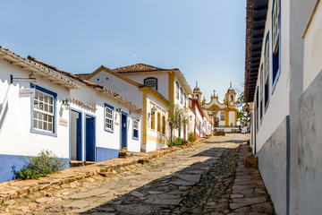 Colorful colonial houses and church in city of Tiradentes - Minas Gerais, Brazil