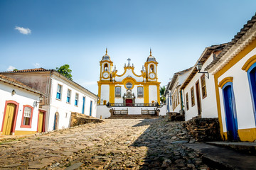 Colorful colonial houses and church in city of Tiradentes - Minas Gerais, Brazil