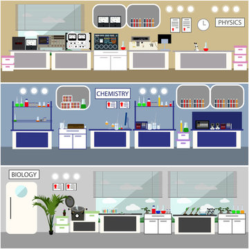 Laboratory vector illustration. Science lab interior. Biology, Physics and Chemistry education concept. Scientific equipment