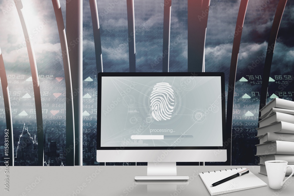 Poster composite image of fingerprint on computer