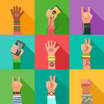 Flat design icons collection of hands of different young people. New Generation avatars set. Vector colorful illustration in flat design